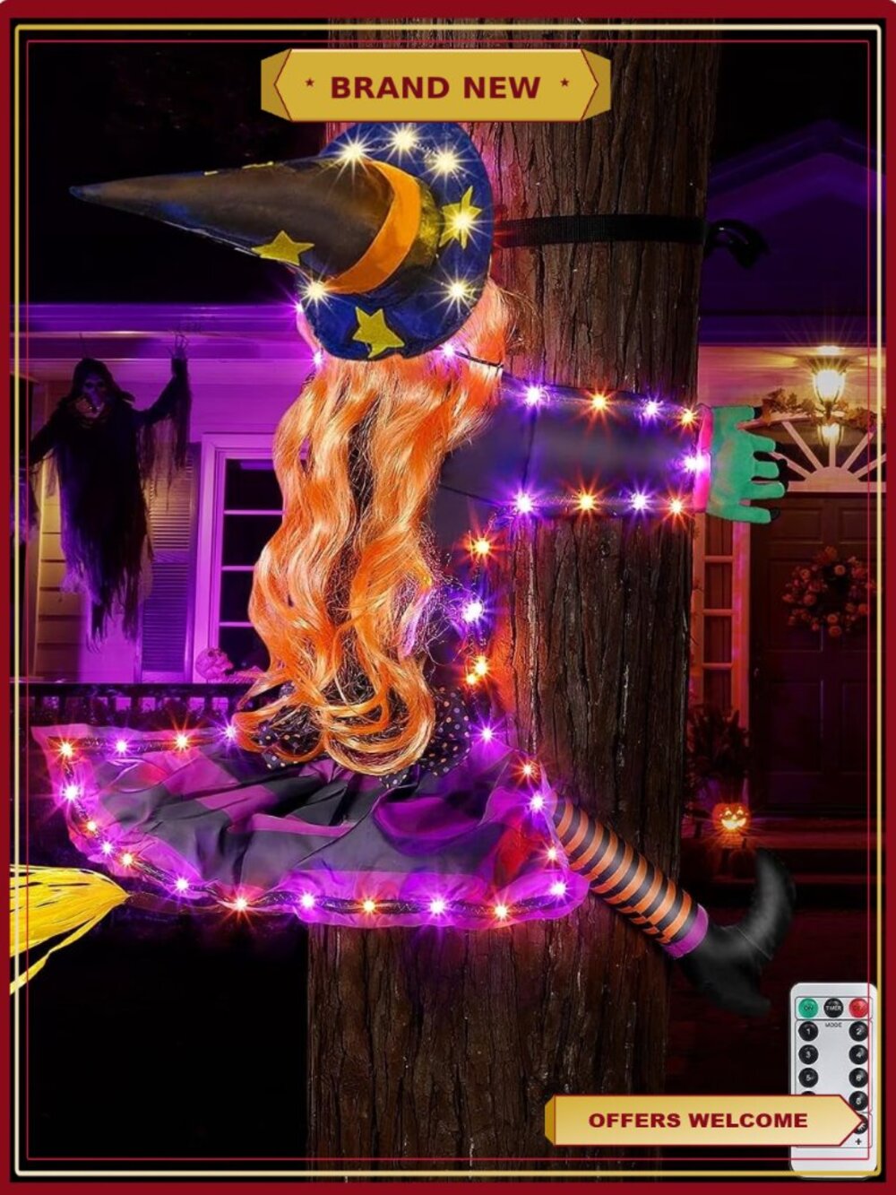 Crashing Witch Halloween Decoration LED Lights Hanging Prop Indoor Outdoor Yard